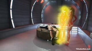 Hot busty shemale in red futuristic latex fucks slave