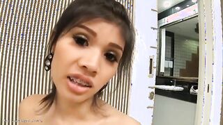 Glamorous Asian shemale massages her curved wiener in a solo